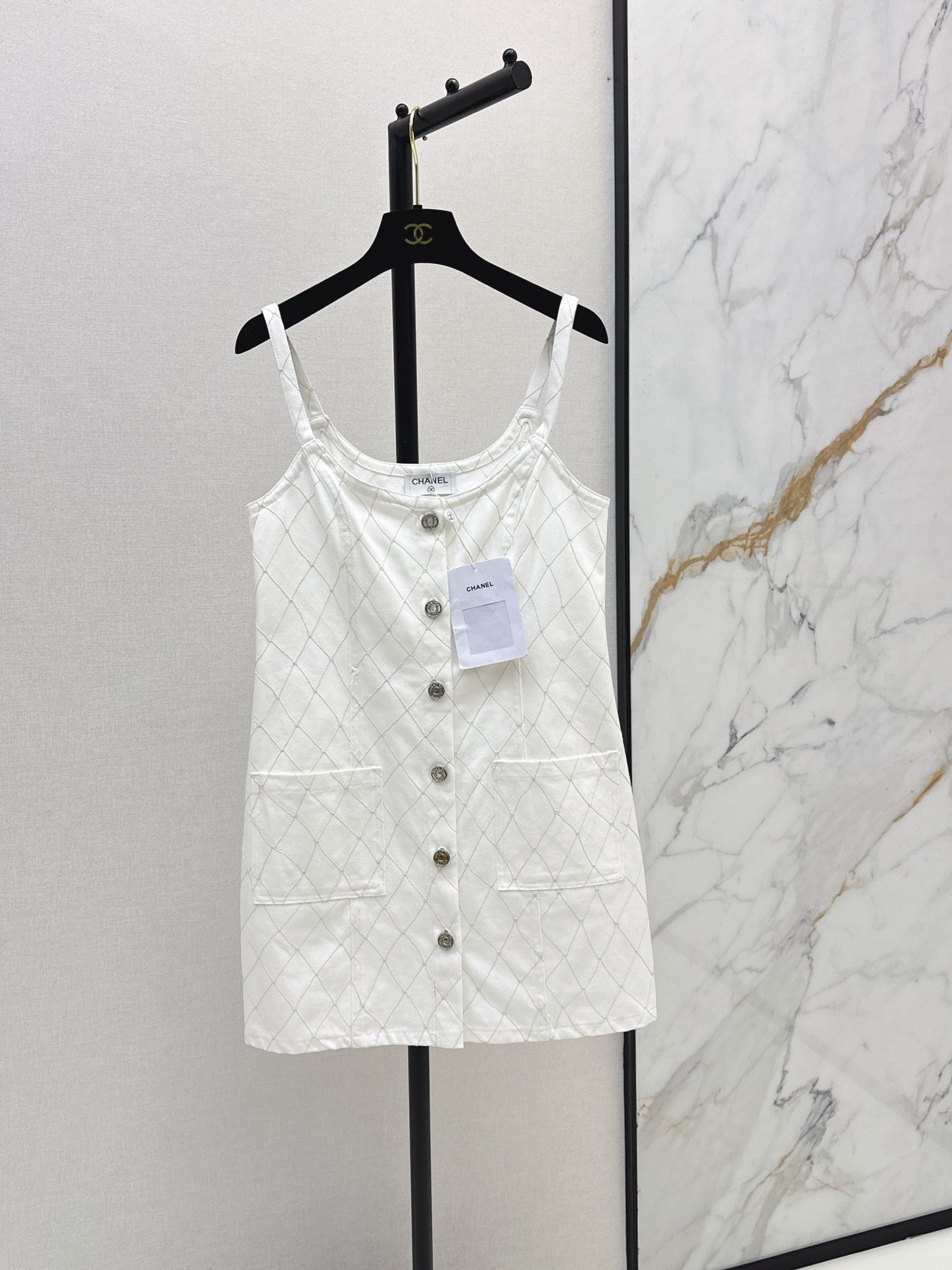 26SS — New Embroidered Diamond Pattern Denim Suspender Dress
