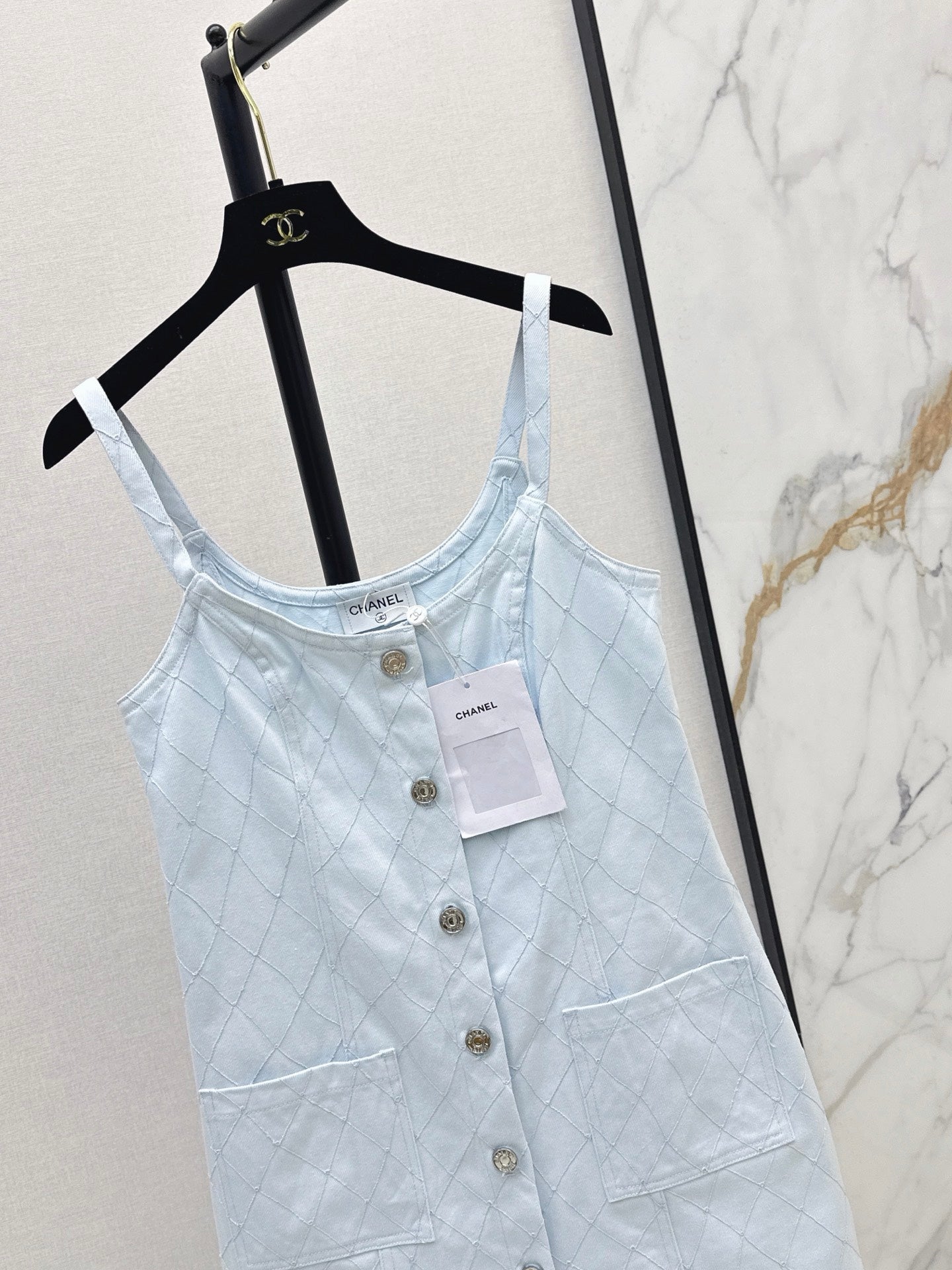 26SS — New Embroidered Diamond Pattern Denim Suspender Dress