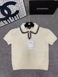 Autumn/Winter New Ski Collection Bow-Tie Collar Color-Blocked Knit Short-Sleeve T-Shirt