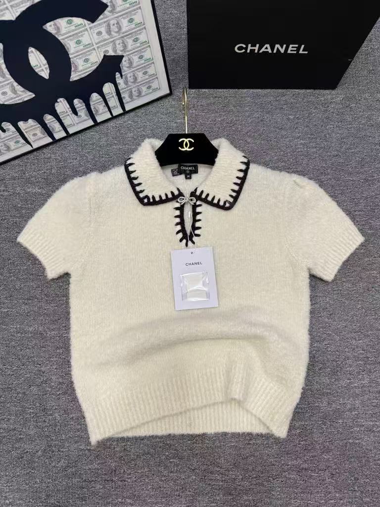 Autumn/Winter New Ski Collection Bow-Tie Collar Color-Blocked Knit Short-Sleeve T-Shirt