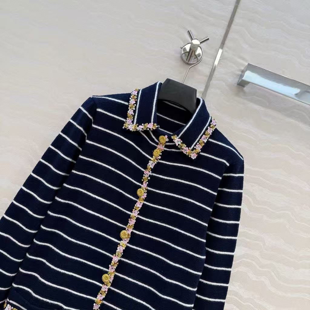 Navy blue striped knitted long cardigan