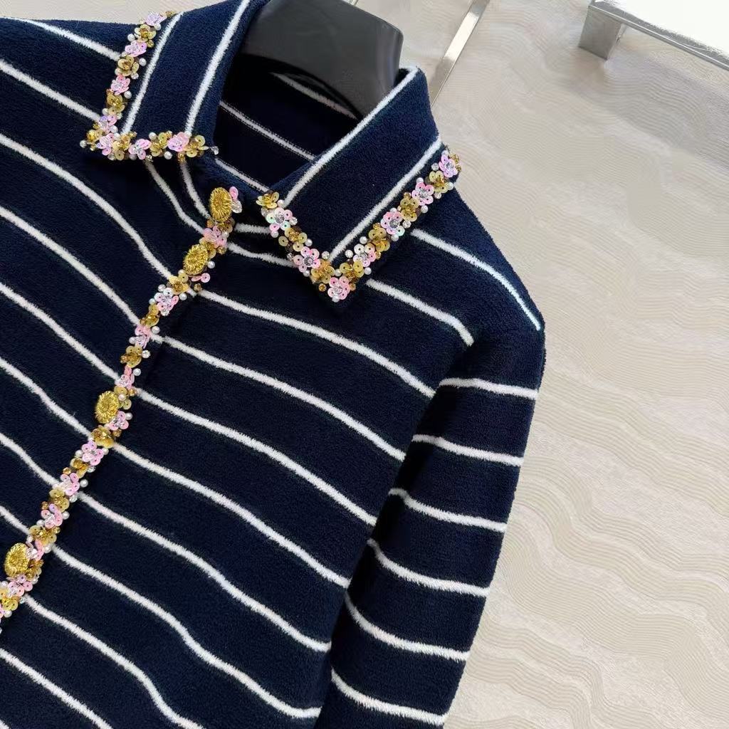 Navy blue striped knitted long cardigan