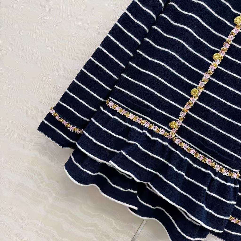 Navy blue striped knitted long cardigan
