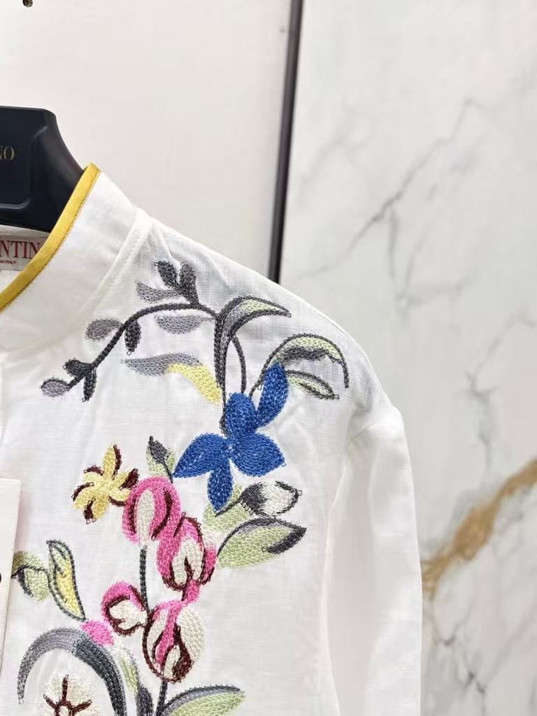 26SS Heavyweight Embroidered Stand Collar Tencel Linen Shirt