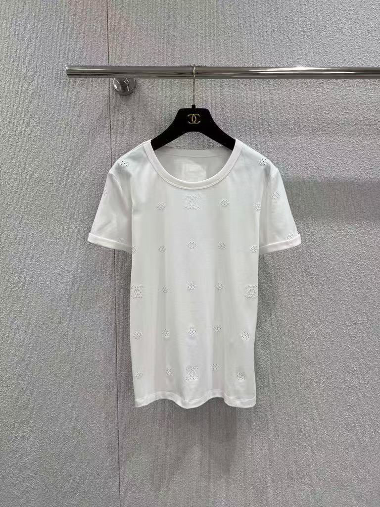New style, round neck short-sleeved top with openwork floral embroidery
