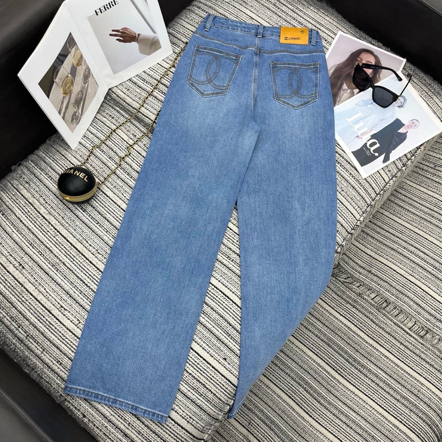 Spring 2026 Early Collection: New Straight-Leg Denim Jeans featuring Beaded Pockets, Embroidered Double-C Pocket Detail, and Washed Finish